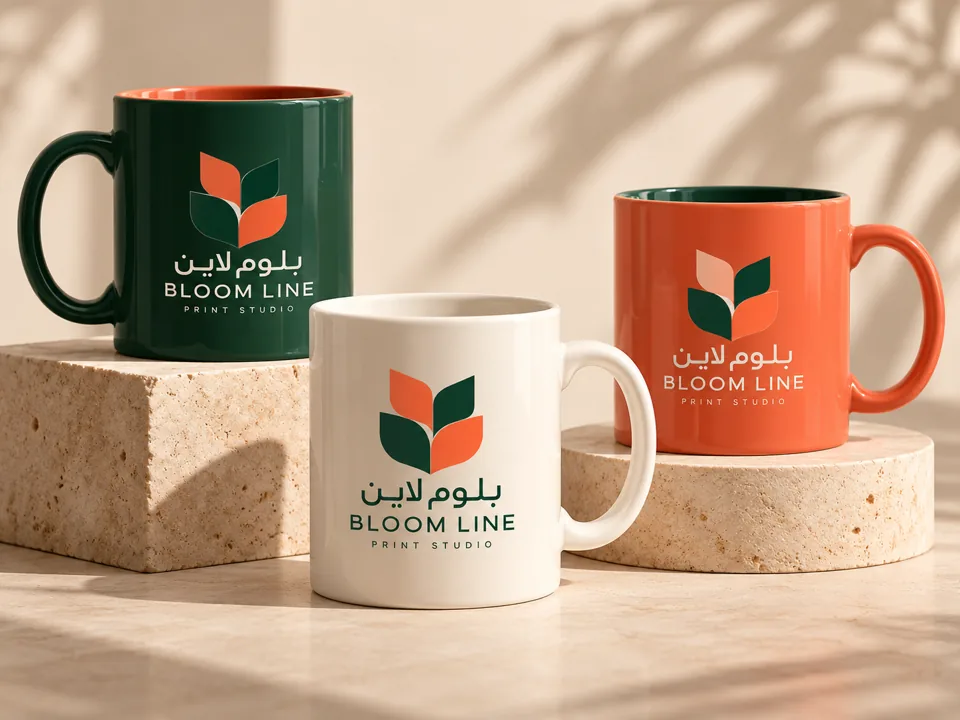 نموذج طباعة أكواب بهوية بلوم لاين للطباعة